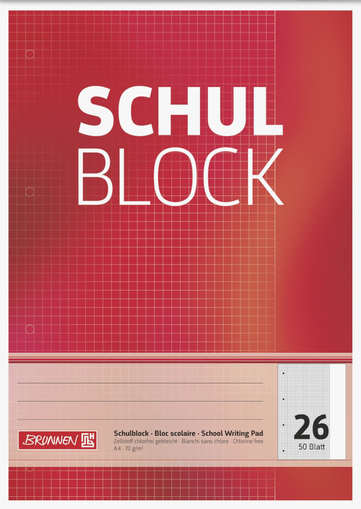 Brunnen Schulblock 26, A4, 50 Blatt, kariert, weißer Rand